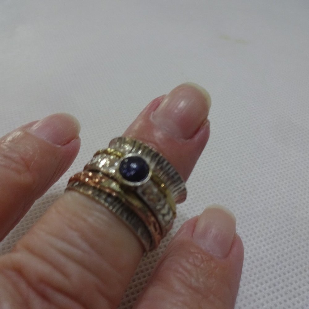 Whimsical "SPINNER RING in SILVER, GOLD & COPPER with BLUE SUNSTONE" Ring